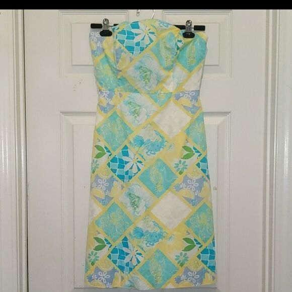 Vintage Lilly Pulitzer strapless patchwork summer ocean dress Sz 2 - Picture 1 of 8
